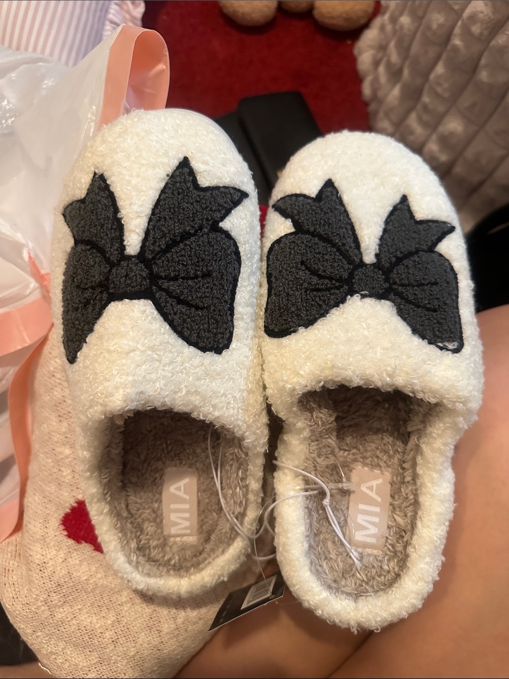 MIA Cream Slipper Shoes with Black Bow Accent